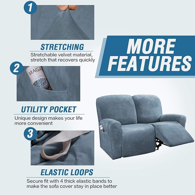 H.VERSAILTEX Velvet Stretch Recliner Couch Covers 6-Pieces Recliner Loveseat