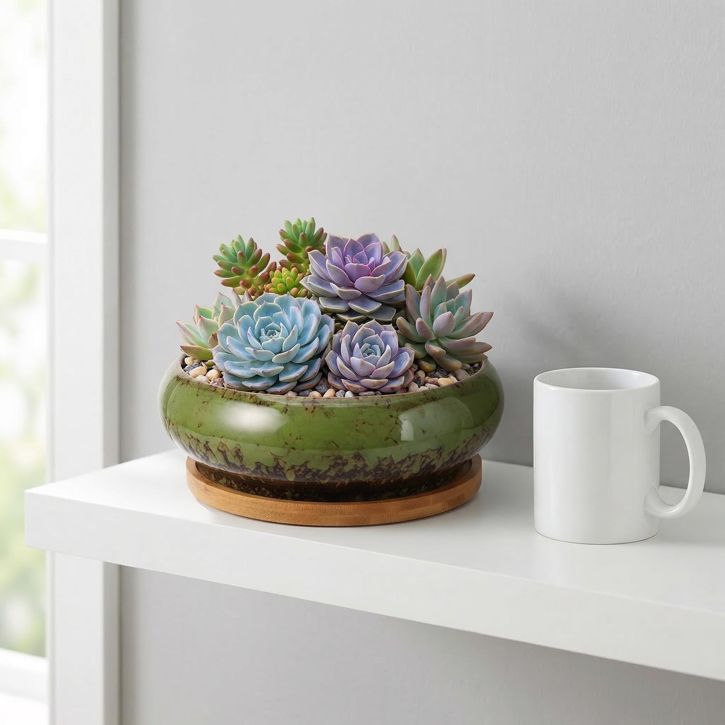 DECHOUS Ceramic Lotus Bowl Planter 7 Inch Round Shallow Succulent Planter Glazed Flower Plants Pot with Bamboo Tray for Lotus Seeds, Bonsai, Home Indoor Decor