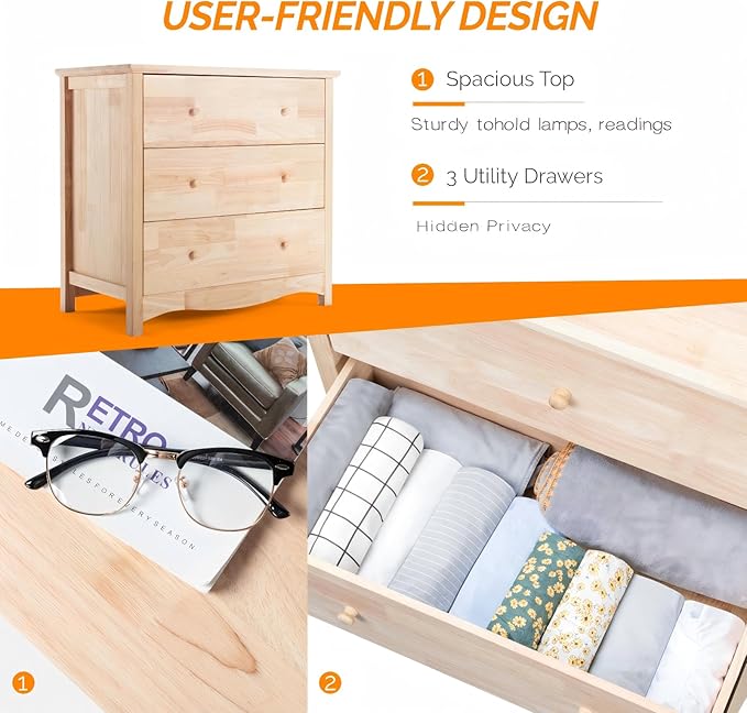 VINGLI Unfinished Solid Wood Dresser Color DIY, 3 Drawer Dresser, Natural
