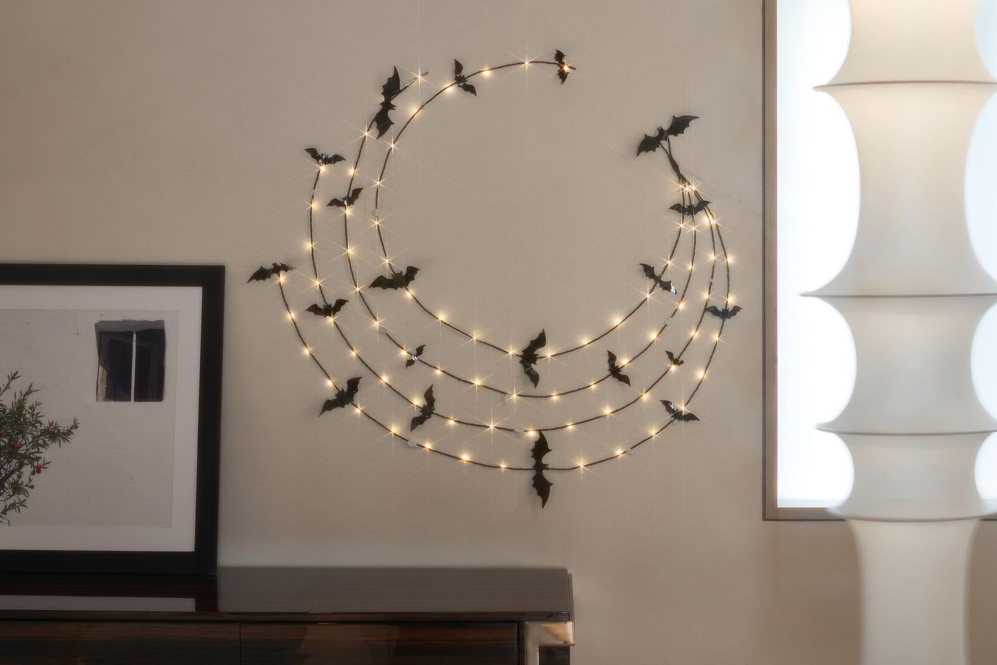 LITBLOOM Halloween Garland with Lights 6FT 80 Orange and Warm White Fairy Lights, Lighted Black Garland Battery Operated with Timer Lit Bats for Wall Porch Decoration