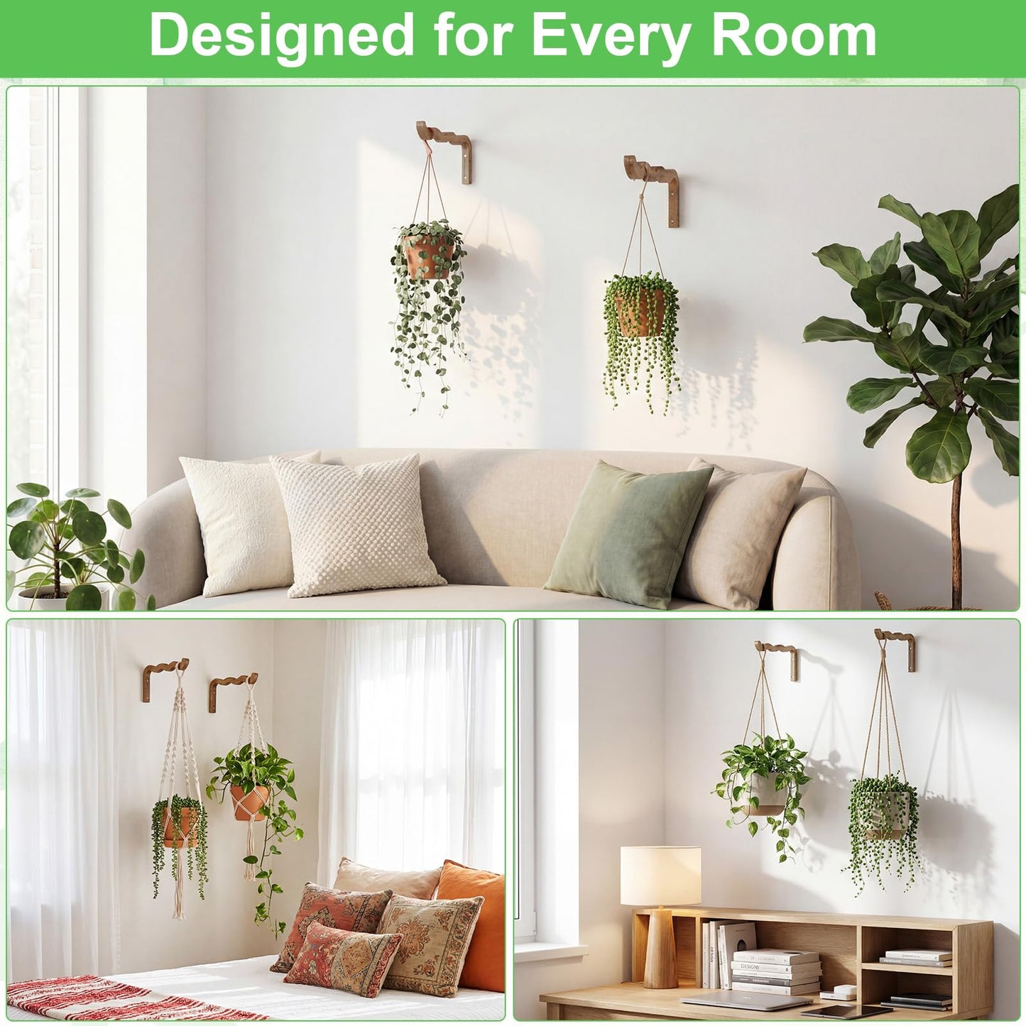 Fiwochic 2 Pack Wooden Wall Plant Hangers, 12 Inch Wavy Hanging Plant Hooks Walnut Color Hanging Brackets for Indoor Outdoor Flower Pots, Wind Chimes, Lanterns, Bird Feeders