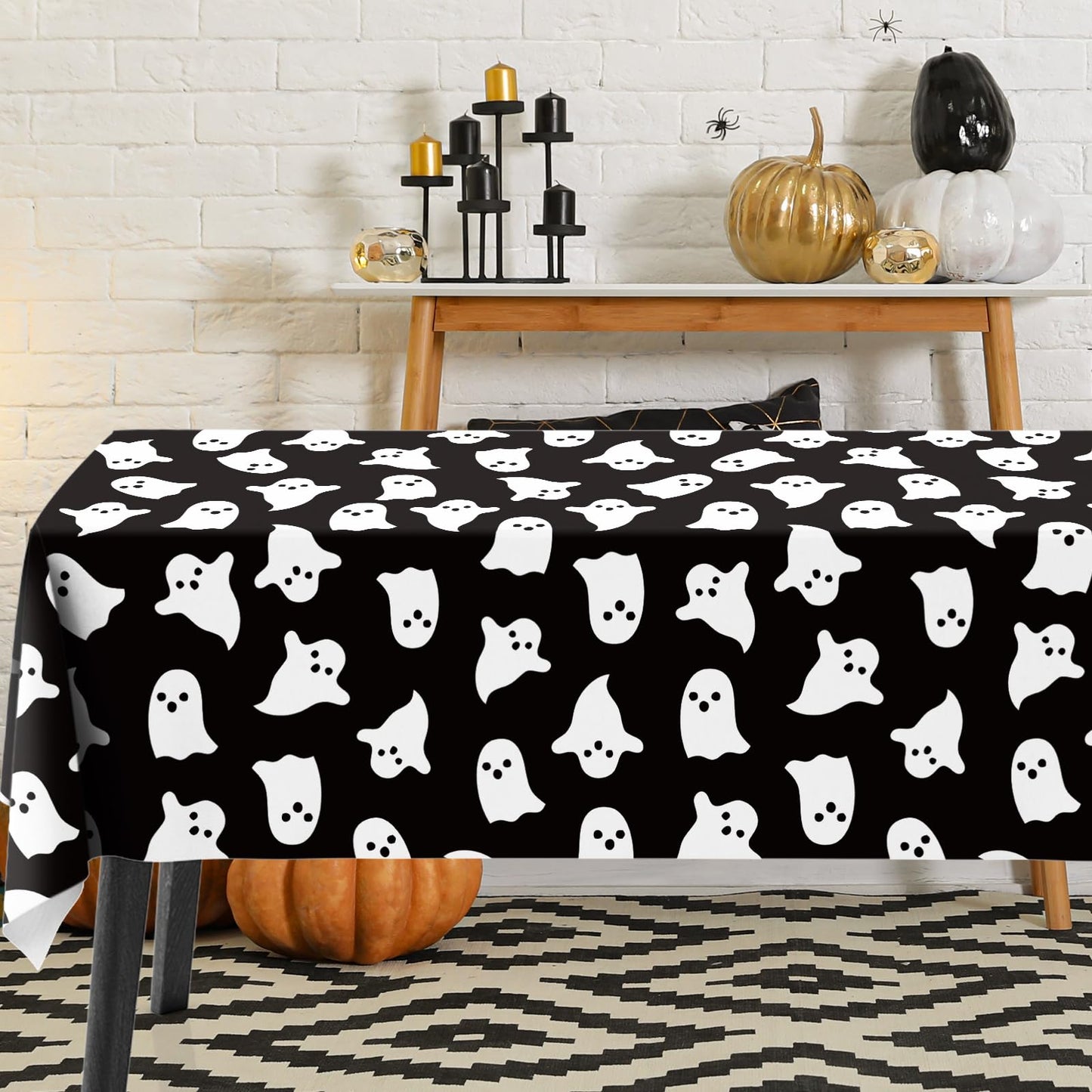 JarThenaAMCS Halloween Ghost Tablecloth Black White Cute Ghost Table Cover 60 x 104 Inch Table Cloth for Birthday Baby Shower Trick or Treat Party Supplies Decoration
