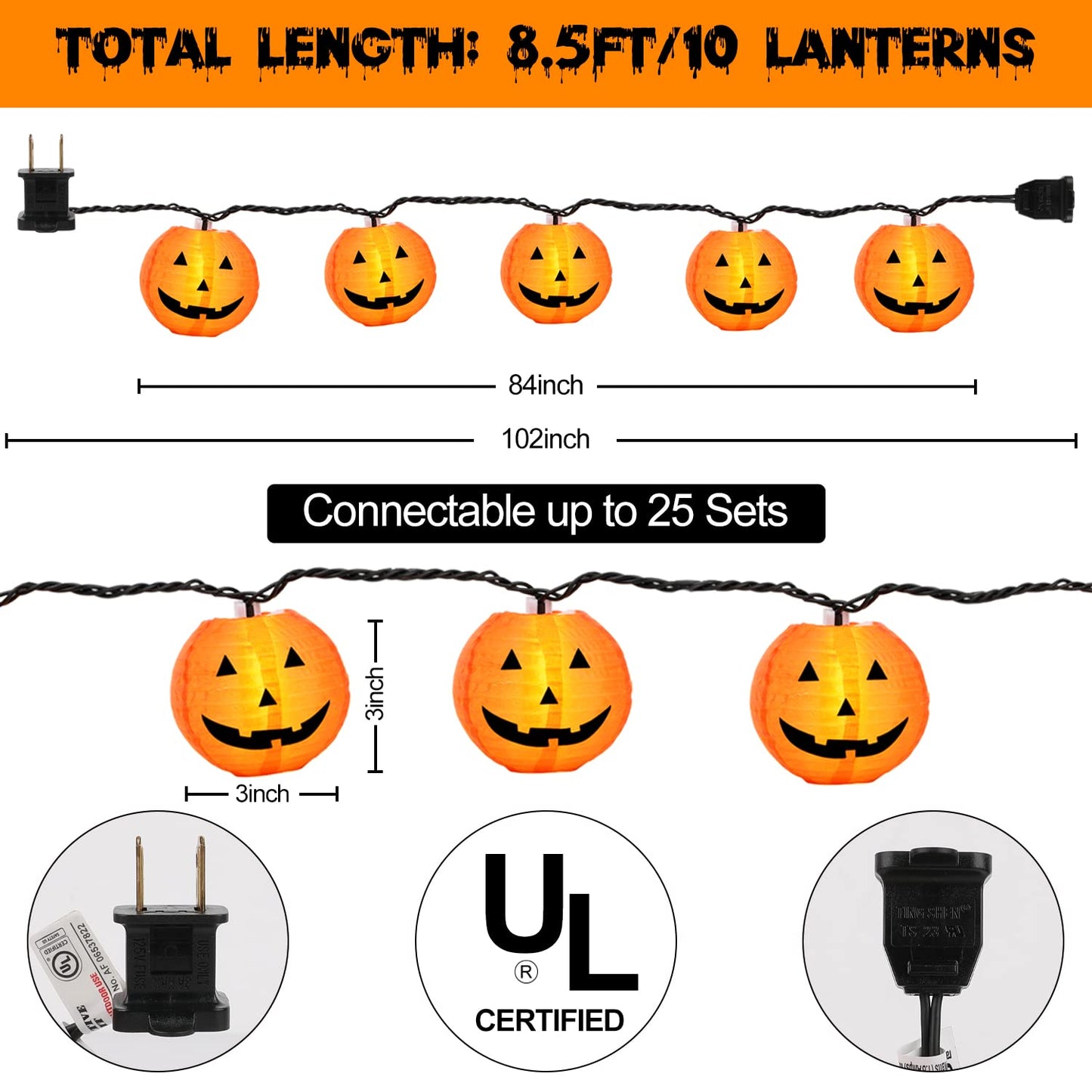 PASUTO Halloween Decorations Light Halloween Pumpkin Lantern String Lights, 10 Pack Jack O Lanterns Pumpkins Lights Plug in, 8.5FT Mini Pumpkin Light Connectable Indoor/Outdoor Halloweens Decorations