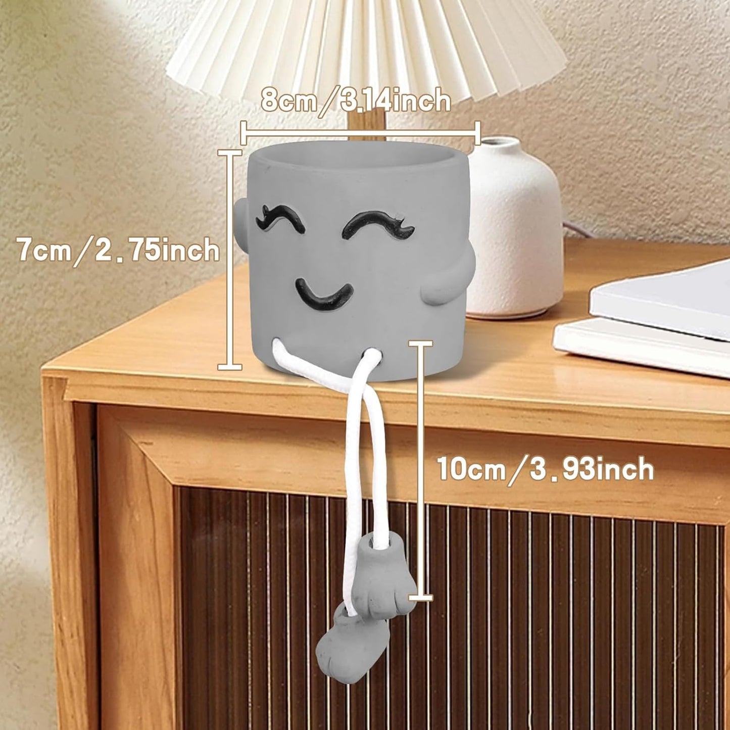 Uguisu 1 Piece Gray Cute Smiley Cement Planter, Small Plant Pot, Indoor Succulent Pot, Fun Planter with Hanging Feet for Living Room, Office, Desk and Bathroom Shelf Decor (Plants Not Included).