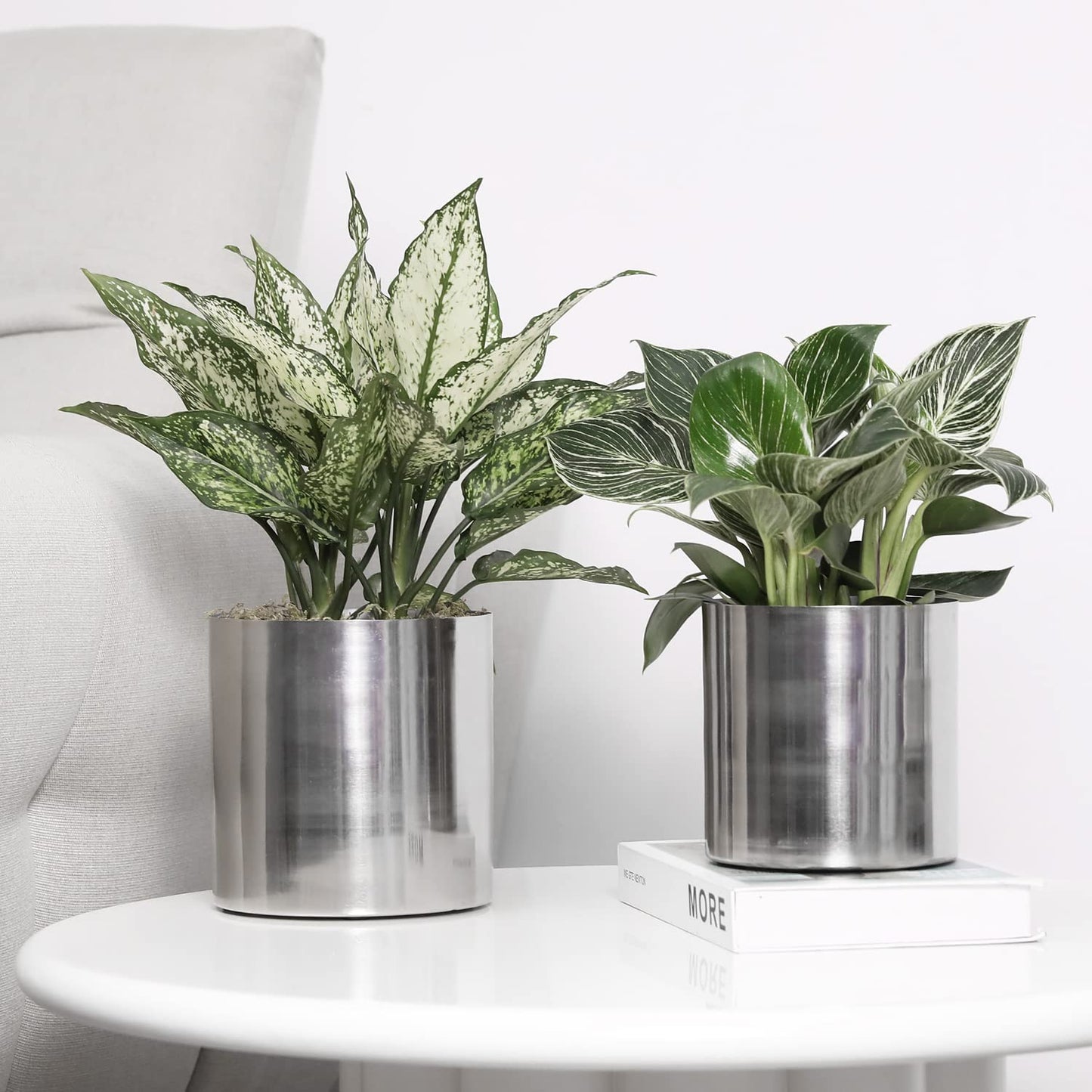 MyGift 5.2 and 6 Inch Round Handmade Shiny Silver Tone Metal Plant Pot Covers, Decorative Indoor Tabletop Houseplant Planter Containers, 2 Piece Set - Handcrafted in India
