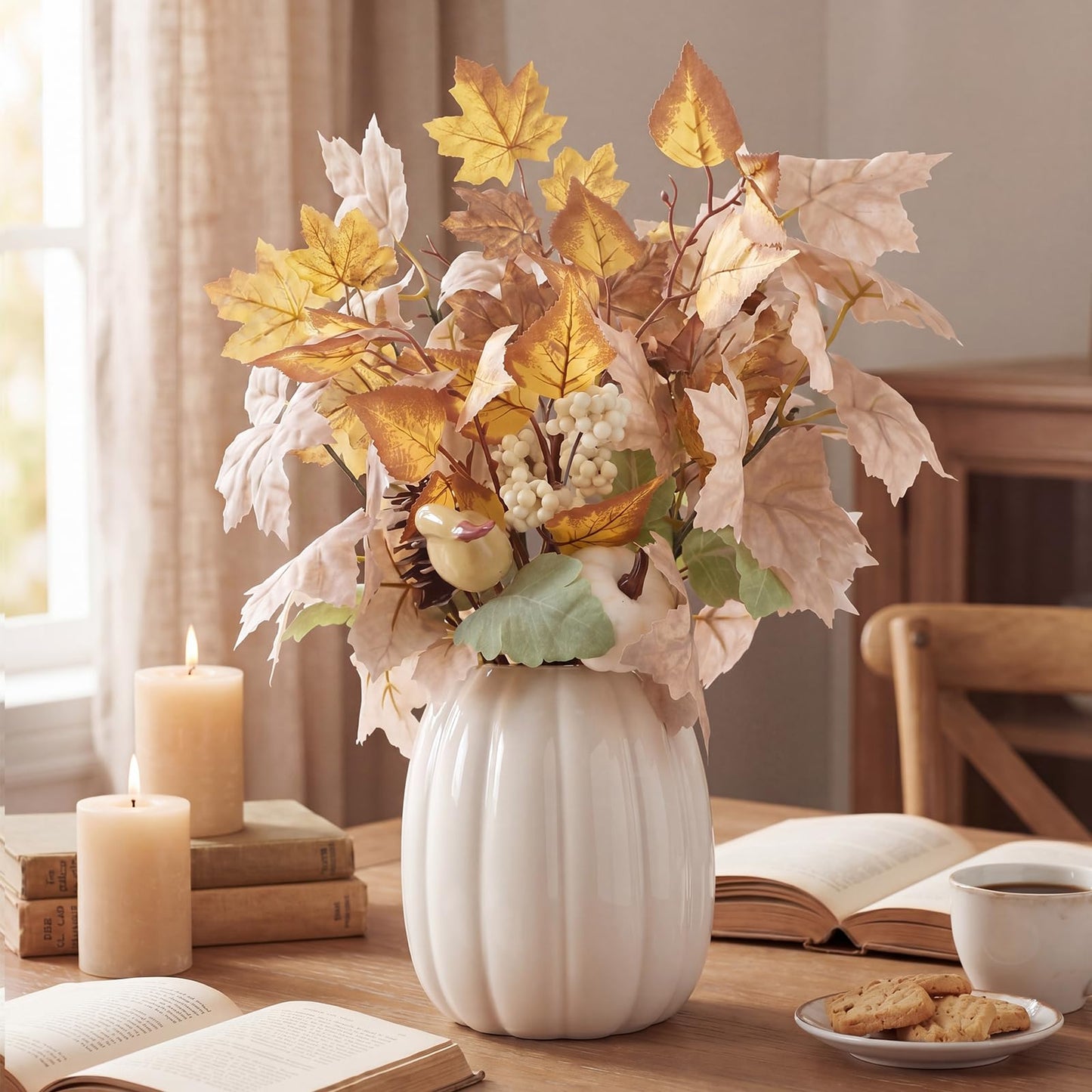 Beeveer Fall Table Centerpieces White Ceramic Pumpkin Vase Decor with Artificial Maple Leaves and Berries Thanksgiving Harvest Home Decor