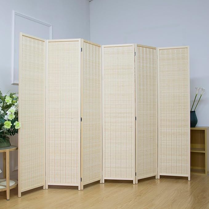 6 Panel Bamboo Room Divider Screen, 5.6 FT Tall Bamboo Divider Folding Privacy