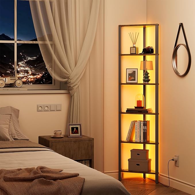 TUTOTAK Corner Shelf with LED Light, 6-Tier Corner Bookshelf