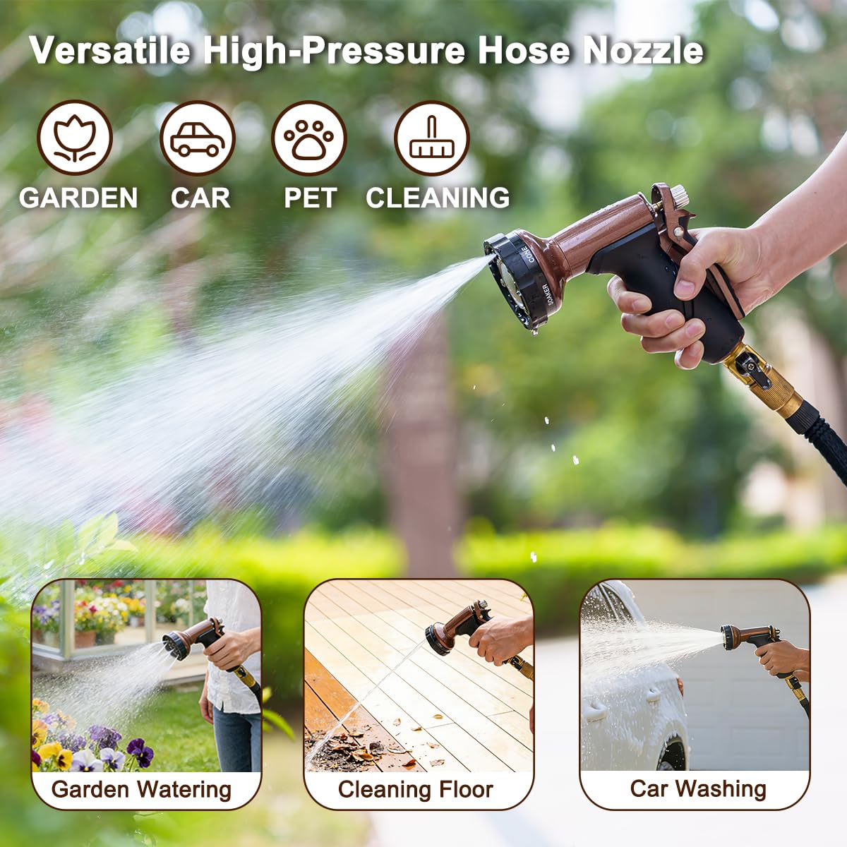 FANHAO Metal Garden Hose Nozzle, Heavy Duty Water Hose Sprayer with 6 Spray Patterns, High Pressure Water Hose Nozzle with Rear Trigger, Ideal for Outdoor Lawn & Plant Watering, Car & Pet Washing