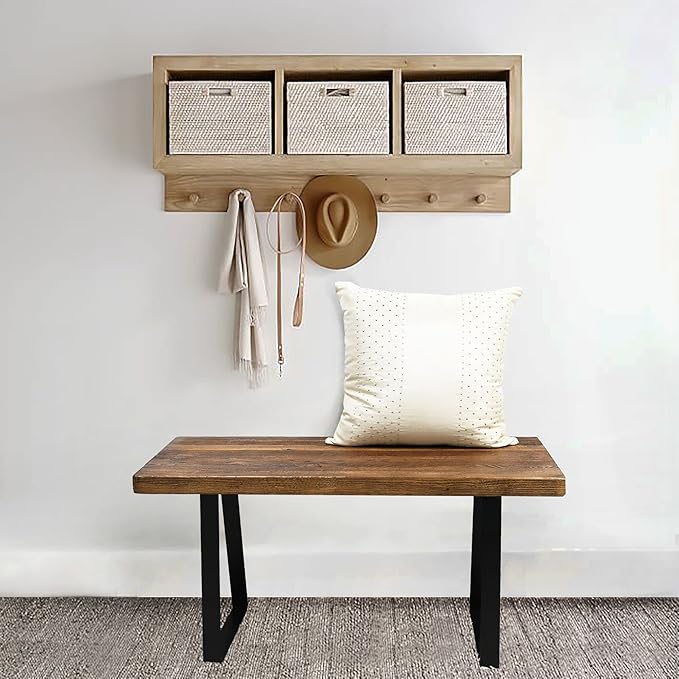 Home Soft Things Natural Old Pine Wood Rectangle Entryway Bench, Sturdy Hand