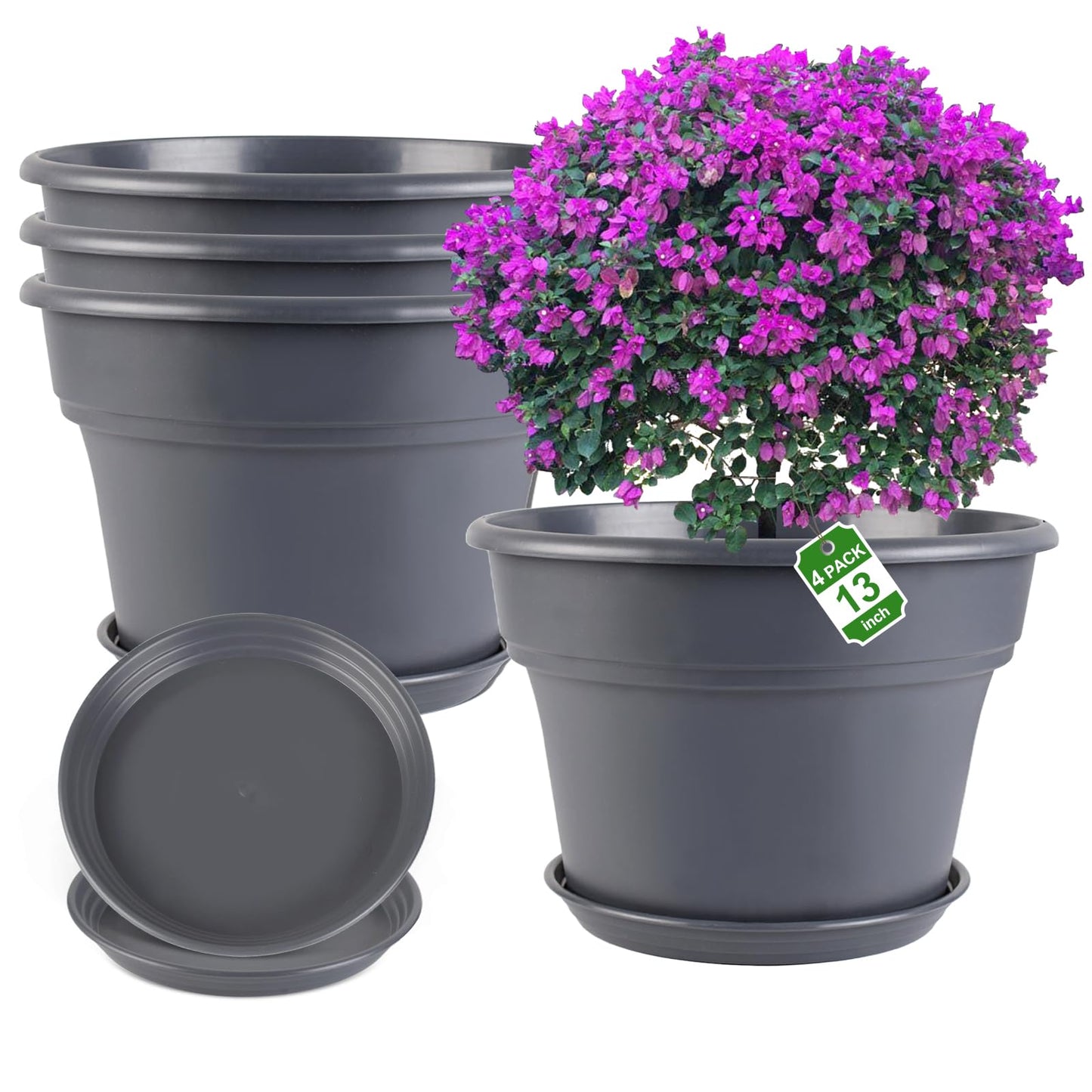 Myfeegoin 13-inch-Plant-Pots, 4 Pack Large Planters for Outdoor Plants, Plastic Flower Pots Indoor with Drainage Holes & Trays, Classic Garden Pot Container for House