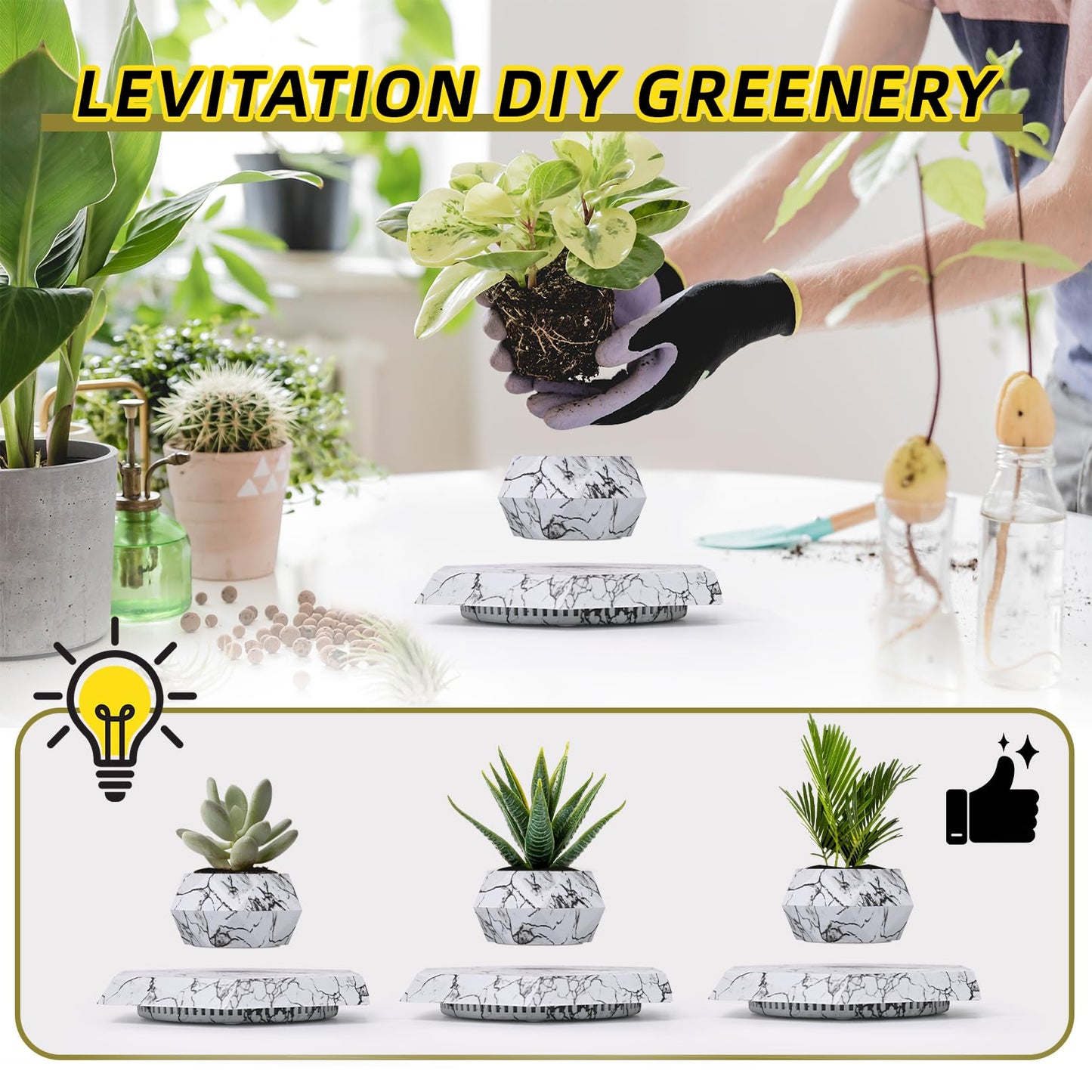 Leekimid Levitating Plant Pot, Magnetic Levitation Flower Pot Suspension Floating Plant Succulents, Air Bonsai Potted Plant for Home Decoration, Living Room, Office, Desk (Marble)
