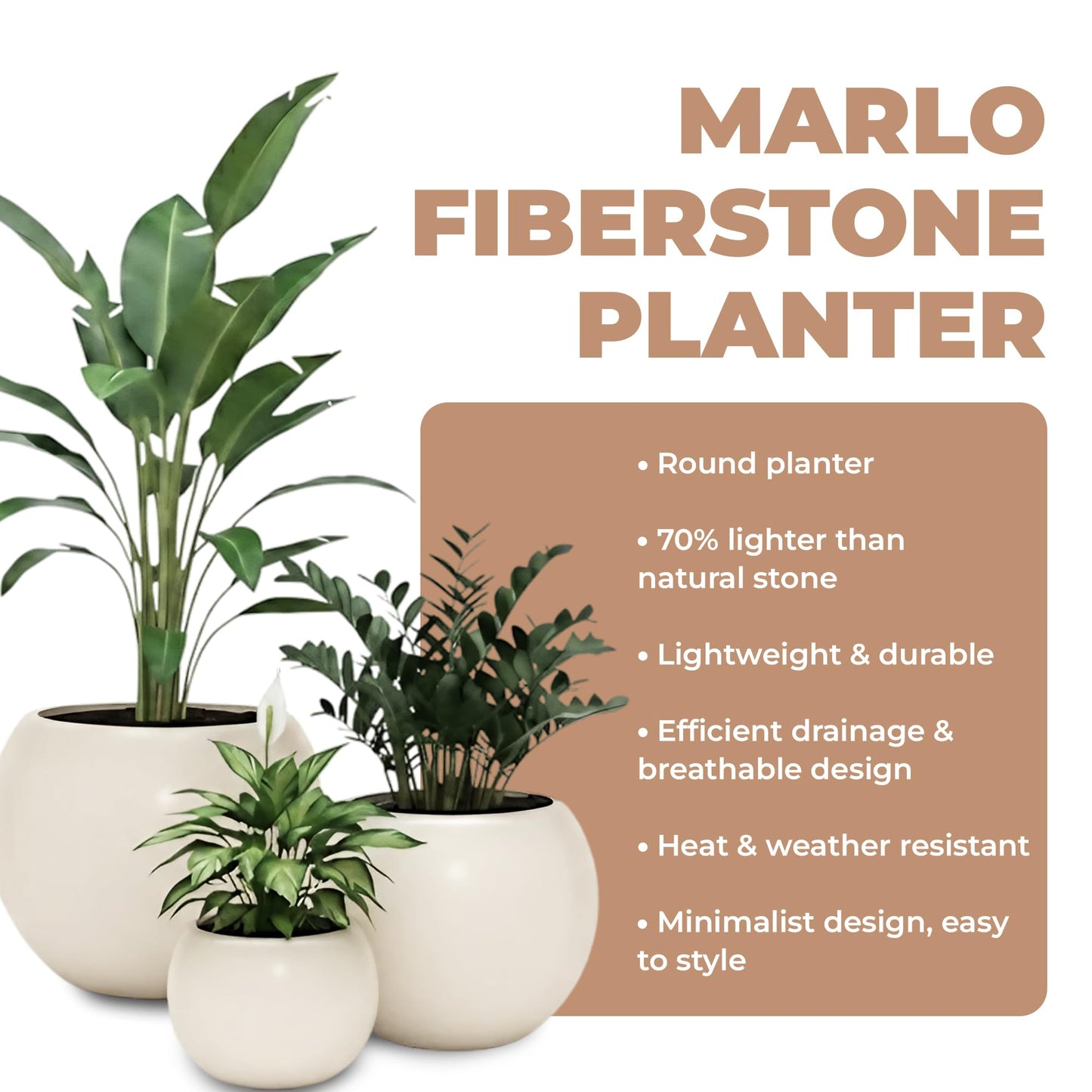 DEPLA LANE Marlo Fiberstone Round Planter (8.5" Pot Opening x 12.6" D x 9.8" H) Smooth Finishes, Lightweight, Durable, UV Resistant, Modern Minimalist Home Decor, Indoor Outdoor Pot (S, Cream White)