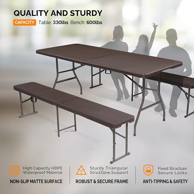VINGLI Picnic Table Set with 2 Benches, 6 Feet Camping Table Chair Set