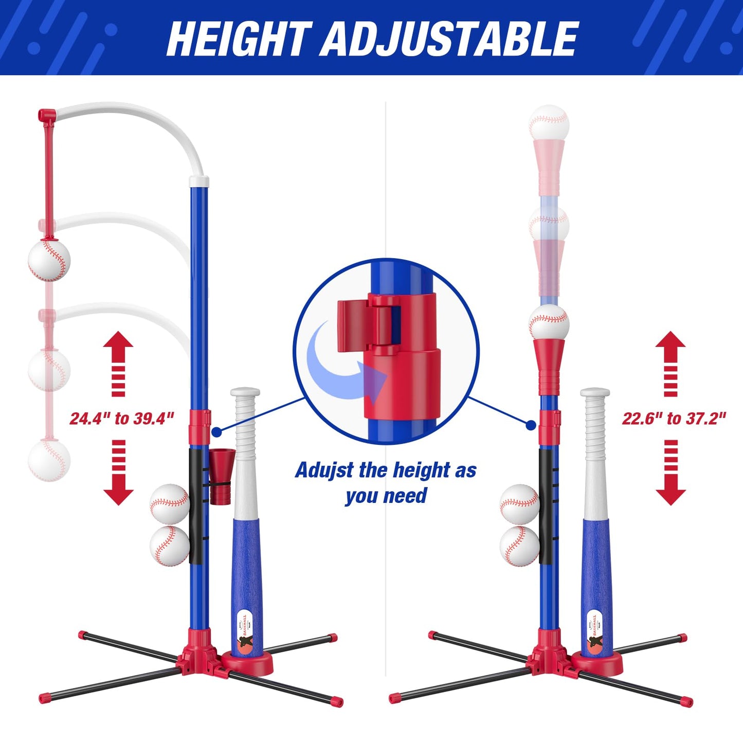 HYES 3-in-1 Baseball Set for Kids 3-5 - Tee Ball Stand, Hanging Tee, Ball Launcher and 6 Softballs - Adjustable Height, Indoor/Outdoor Sport Gifts for Boys, Blue