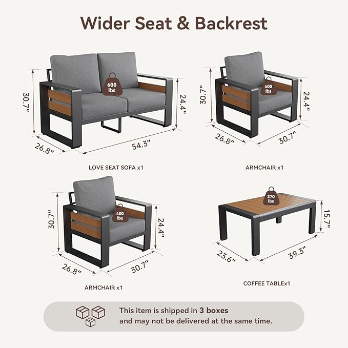 Aoxun Aluminum Patio Furniture Set, 4 Seats Luxury Metal Patio Conversation Sets