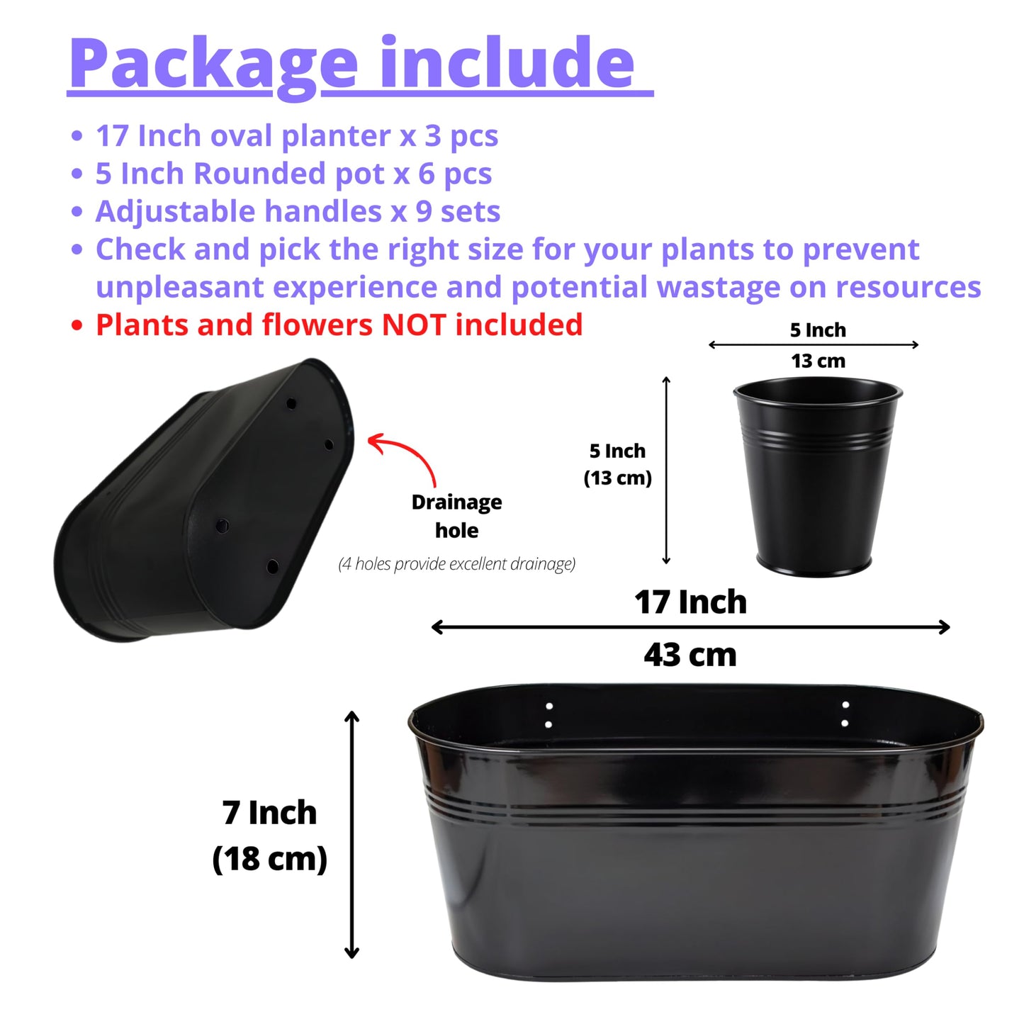 LaLaGreen 17 Inch Rail Planter (9-PIECE COMBO SET) Large Black Metal Hanging Rail Fence Flower Pots, Modern Balcony Railing Planter Garden Style Iron Patio Planters Outdoor Deck Decoration Porch Decor