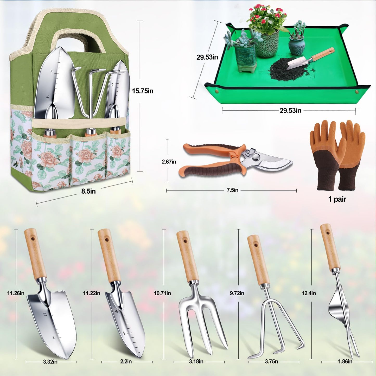 Kynup Gardening Tools, Garden Tools Set-9 Piece Gardening Gift for Women, Gardening Kit Ideal Hand Gardening Spades, Thickened Stainless Steel, Rust-Proof, Garden Supplies, Essentials, Garden Stuff