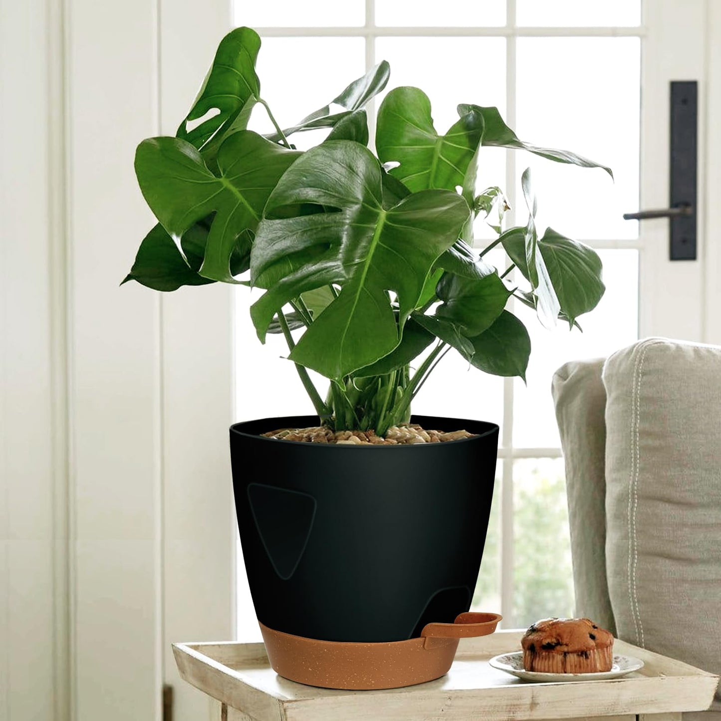 5-Pack Plant Pots with Drainage 7/6.5/6/5.5/5 Inch Self Watering Pots for Indoor Outdoor Plants, Plastic Flower Pots with Drainage Holes and Removable Saucers, Plant Pots with Wicking Rope (Black)
