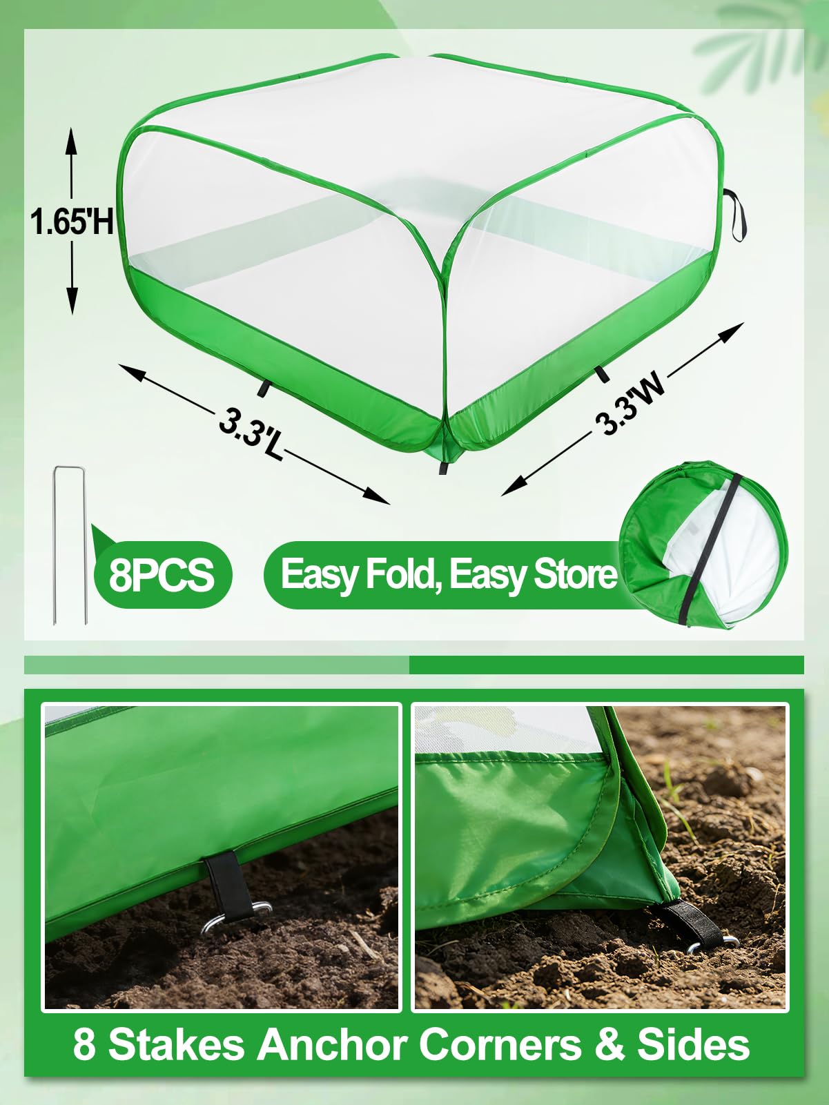 Pop Up Garden Netting for Square Raised Beds - 3.3'L x 3.3'W x 1.65'H Ultra Fine Mesh Net Plant Cover with 8 Stakes, Protection for Vegetables Fruit from Birds Pests