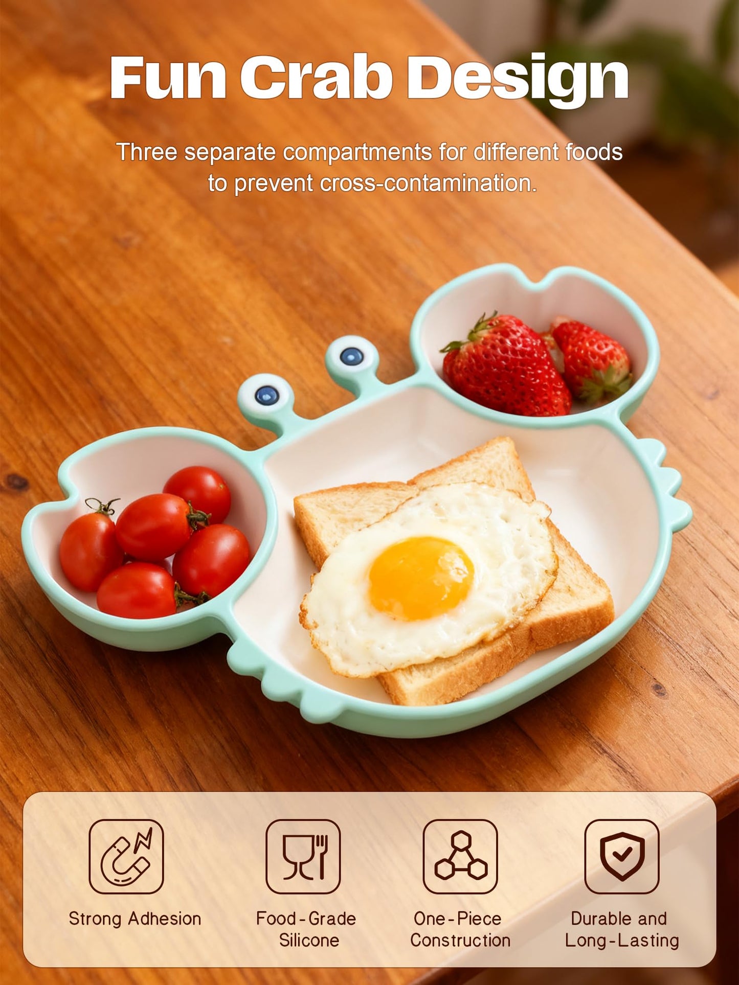 Magemata Crab-Shaped Meal Tray with Suction Base & Lid - 7.4"x7.4"x1.5"Adult Bento Box, Food-Grade Silicone, 3-Compartment Plate with Spoon & Fork for Office, Picnic, Party (Pumpkin Brown)