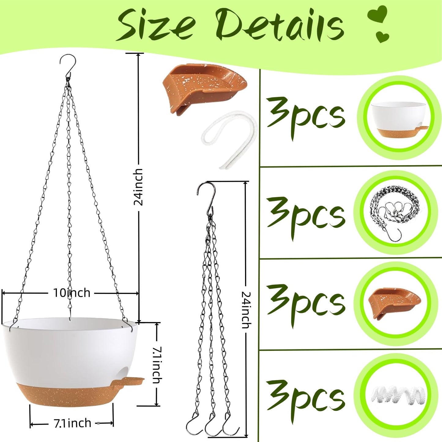 TESSTSY 3 Pack Hanging Planters for Indoor Outdoor Plants, 10 Inch Self Watering Hanging Pots for Plants, Plastic Hanging Flower Baskets for Plants Hanger with Drainage and Tray, Chain (White Brown)