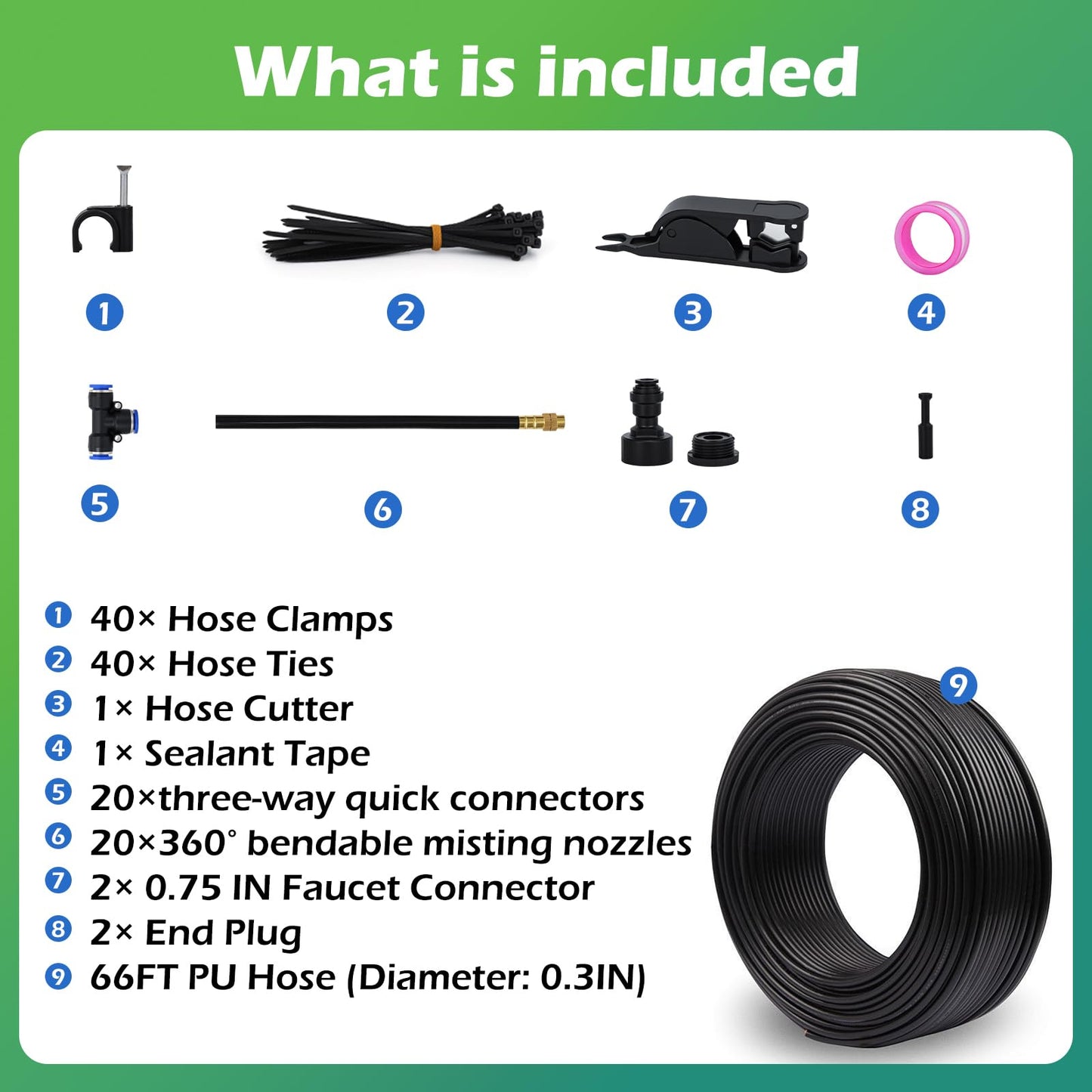 Drip Irrigation System 66 FT with 20 Nozzles, 360° Adjustable Bendable Garden Watering Misting System for Greenhouse, Yard, Lawn, Plant, Garden, 0.3 inch Hose