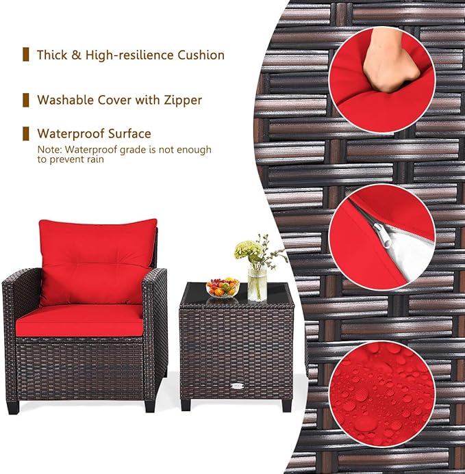 HAPPYGRILL 3 Pieces Patio Conversation Set, Outdoor Furniture Set PE Rattan