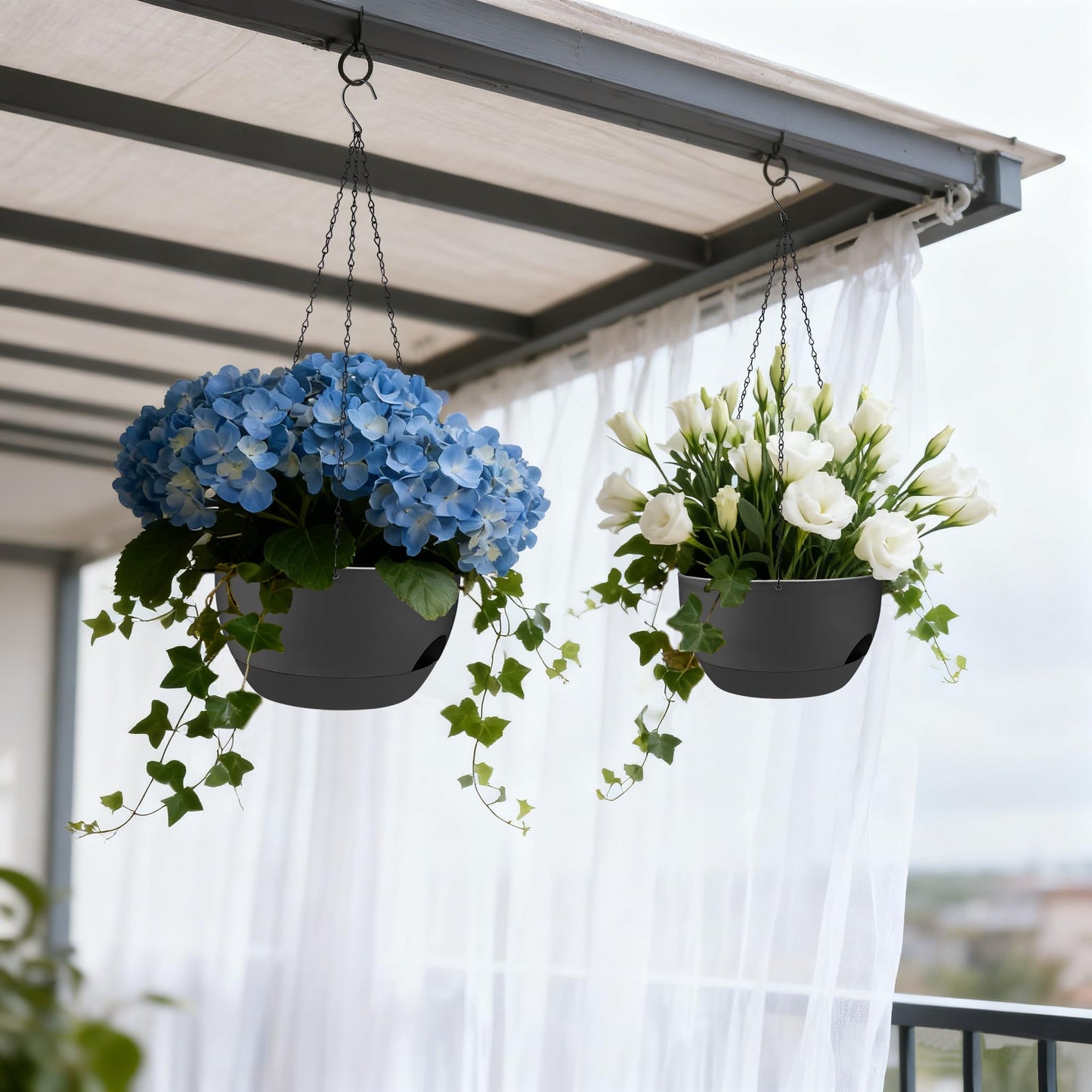 zople Set of 4-8 Inch Self Watering Hanging Planters for Indoor Outdoor，Hanging Plant Pots with Drainage & Removable Tray, Hanging Pots Holder for Ivy, Pothos, Ferns, Balcony & Patio, Black