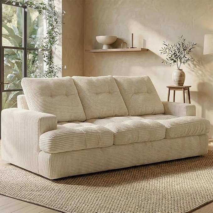 85" Corduroy 3 Seater Sofa in a Box, High-Density Foam Couch, No Assembly