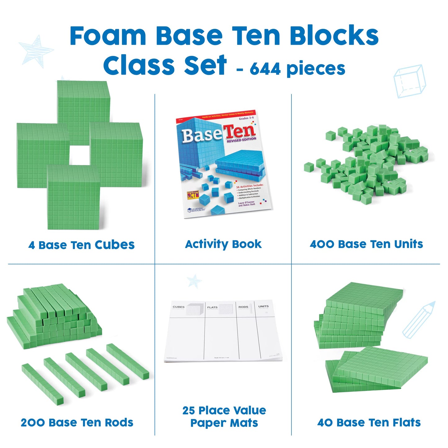 hand2mind Green Foam Base Ten Blocks Complete Set, Place Value Blocks, Counting Cubes, Base 10 Math Manipulatives, Teacher Supplies for Math Classroom, Montessori Math Materials (Set of 644)