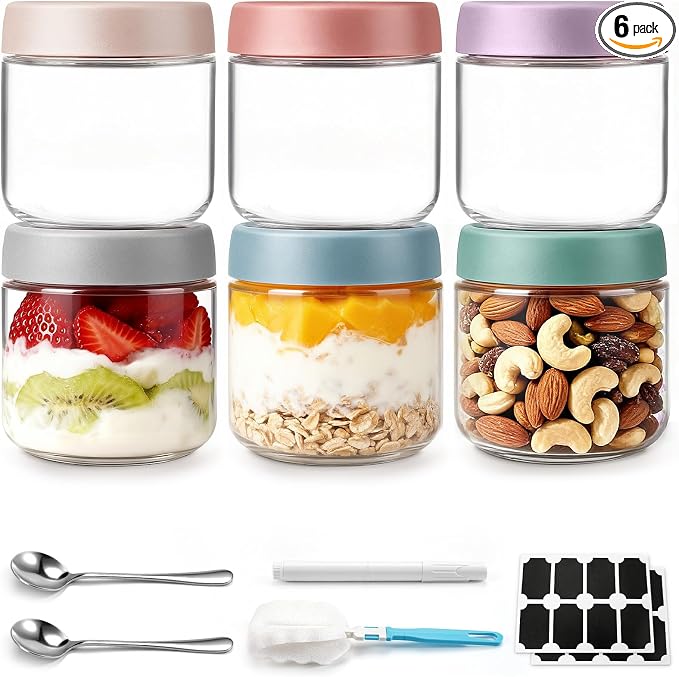 6 pack 10 oz Overnight Oats Containers with Lids and Spoons Glass Jars with Airtight Lids: Wide Mouth Mason Salad Jars, Leakproof and Reusable Glass Food Storage Container for Yogurt Snacks Spice
