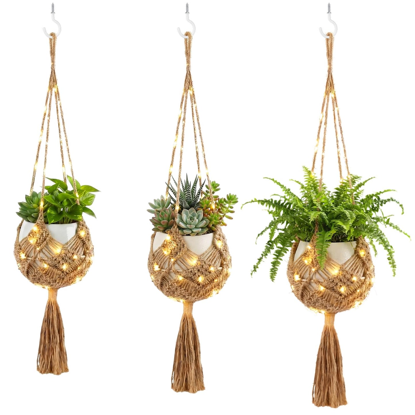 Sliner 3 Pack Jute Crochet Plant Hanging Baskets with Lights and Hooks Macrame Plant Hangers Boho Hanging Baskets for Indoor and Outdoor Home Decor, 3 Different Size