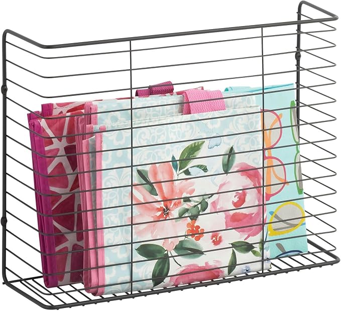 mDesign Portable Metal Farmhouse Wall Decor Angled Storage Organizer Basket Bin for Hanging in Kitchen/Pantry - Store Plastic Bags, Foils, Oils, Sandwich Bags - Black