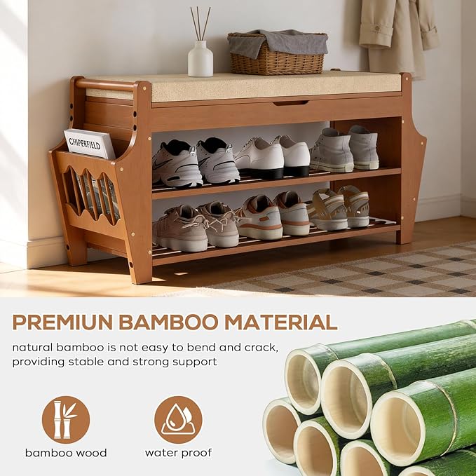 oakvivo 34.3in Shoe Bench, Bamboo 3-Tier Entryway Bench