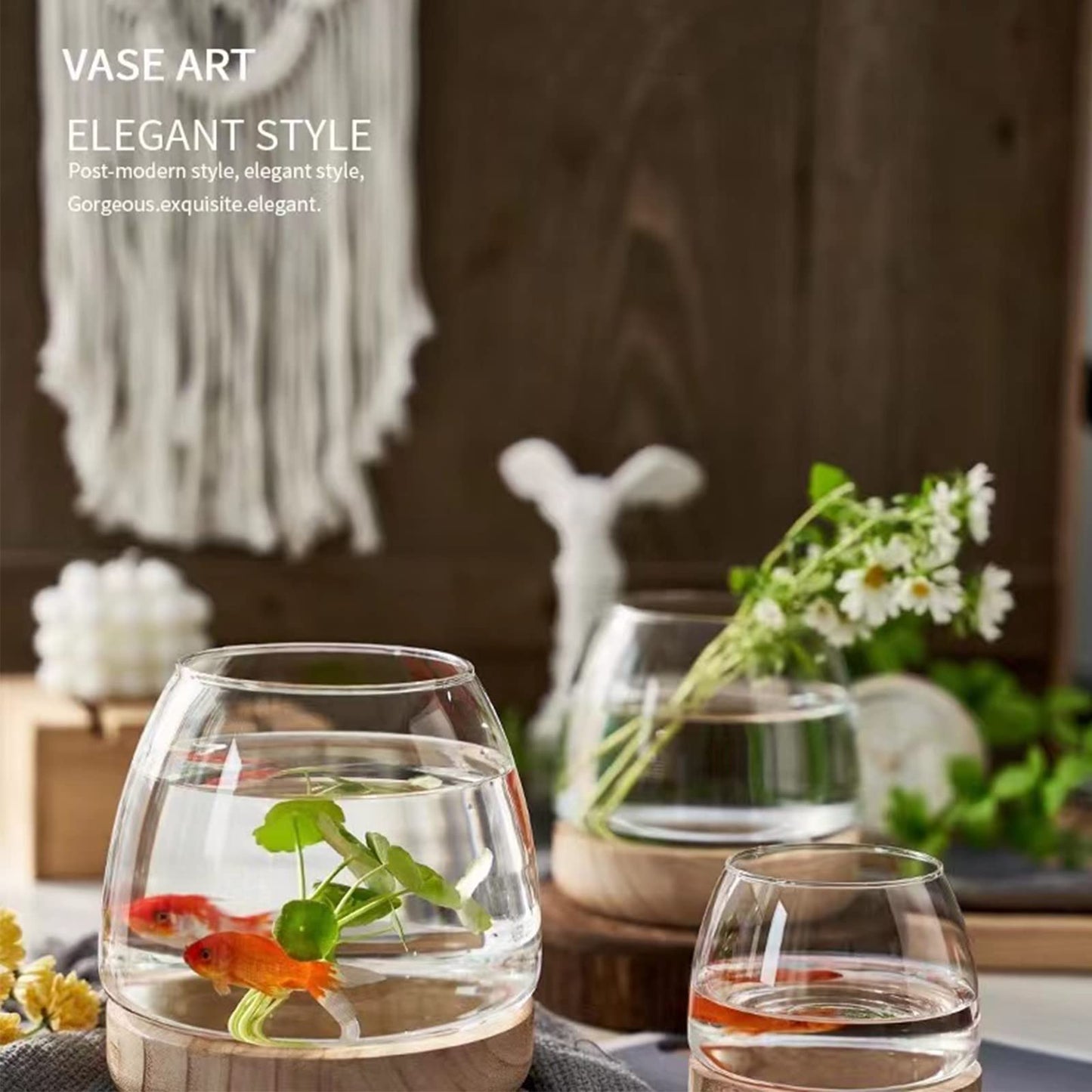 Asodomo Clear Glass Vase Fish Bowl Hydroponic Plant Vase with Wood Base Desktop Planter Terrarium Vases for Table Centerpiece Bedroom Living Room Home Office Decor (XL)