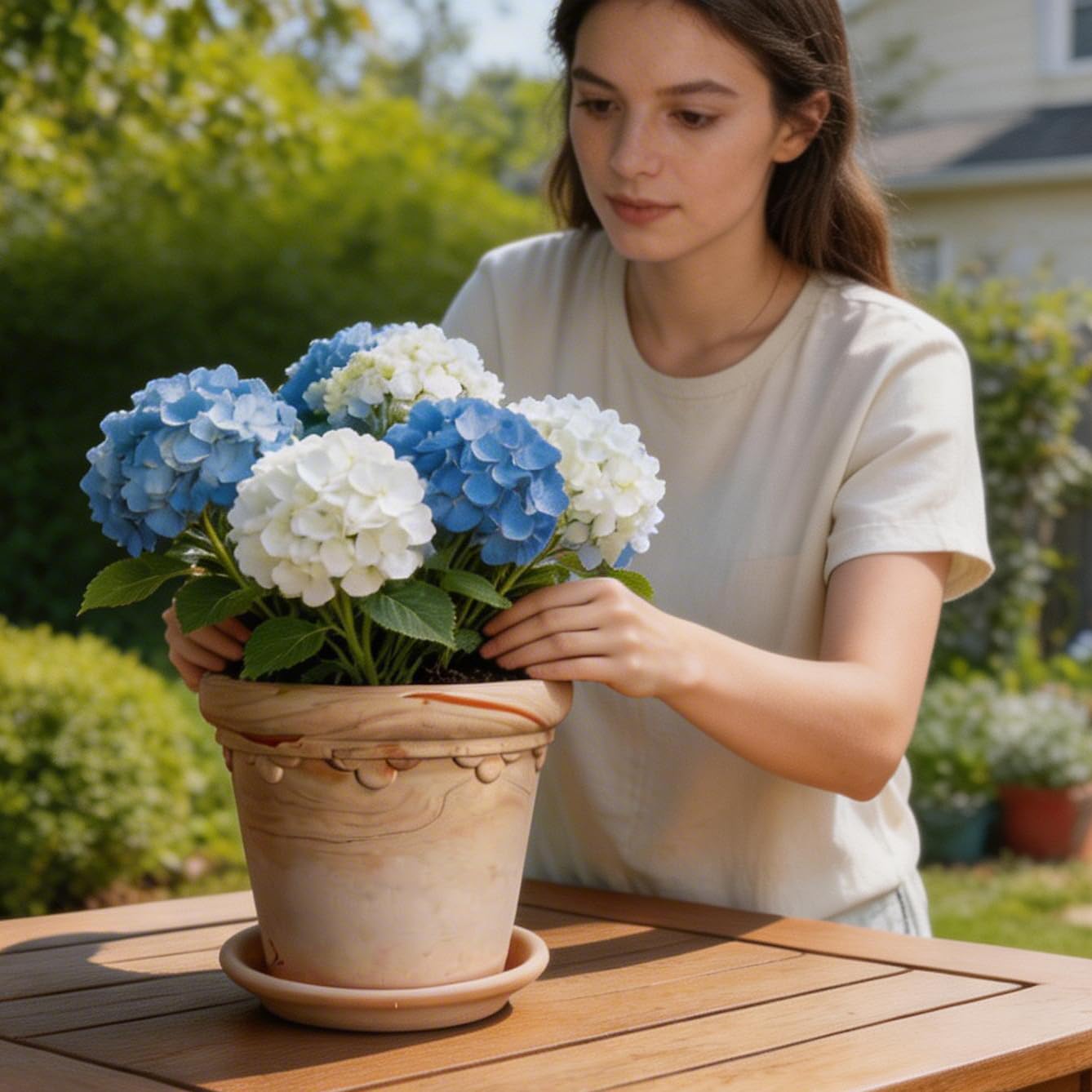 6.3" Terracotta Pot with 2 Matching Trays - Decorative Ceramic Planter with Embossed Detail, Drainage Hole for Indoor/Outdoor Succulents, Herbs & Cactus (Random Marble Tone)