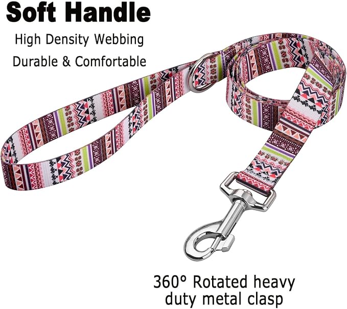 MarukoPet Dog Collar and Leash Set, Adjustable for Small Medium Large Dogs Puppy, Cute Design with Bohemia Floral Tribal Geometric Patterns Boys Girls Dog Collar(Pink Bohemia Set,L)