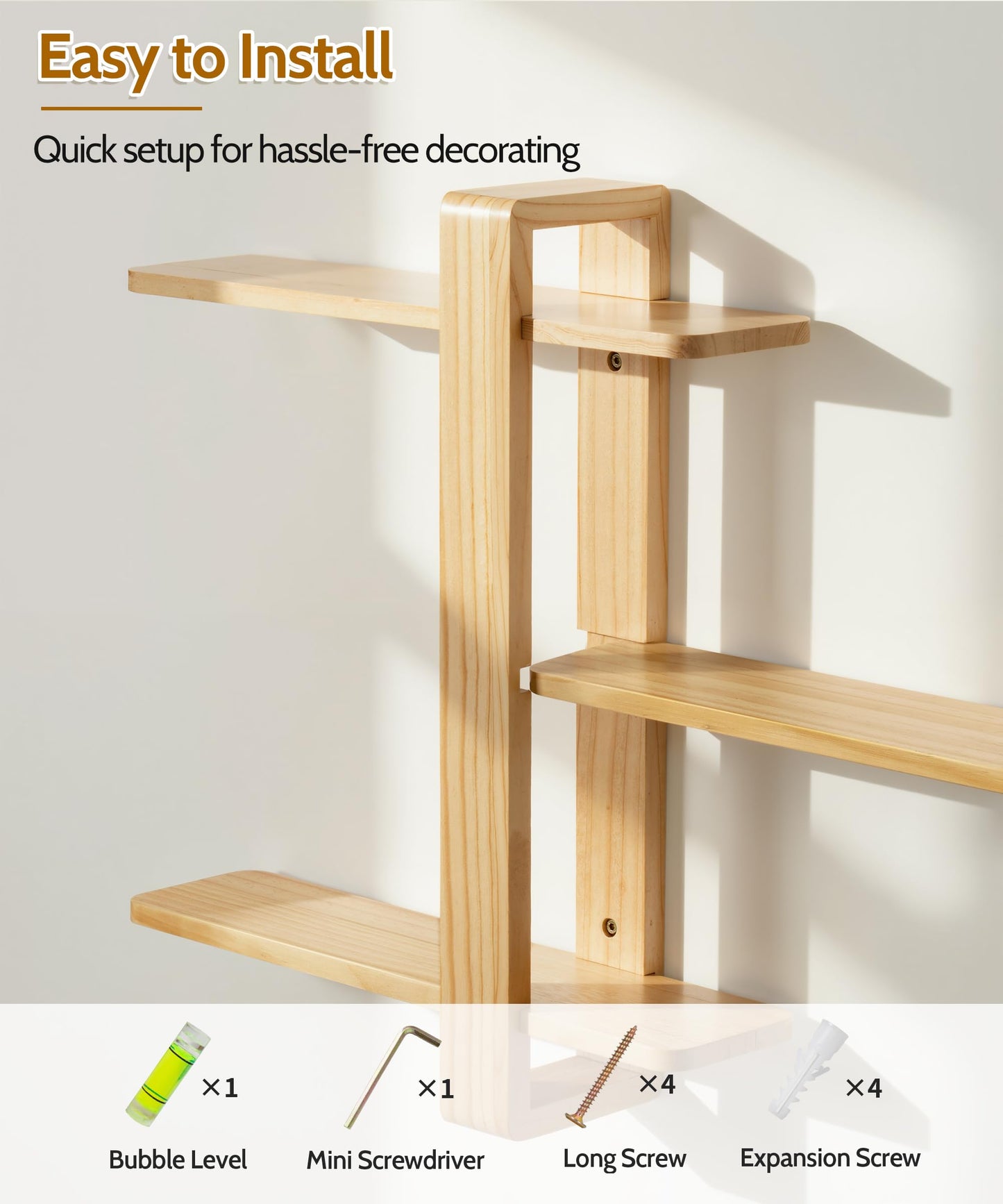 SUMGAR Floating Shelves for Wall Wood Mounted Shelving Unit All Pine Natural Wooden 3 Tier Large Shelf for Bedroom Living Room Office Bathroom Home Decoration Storage Plant Photo Display Modern 20in