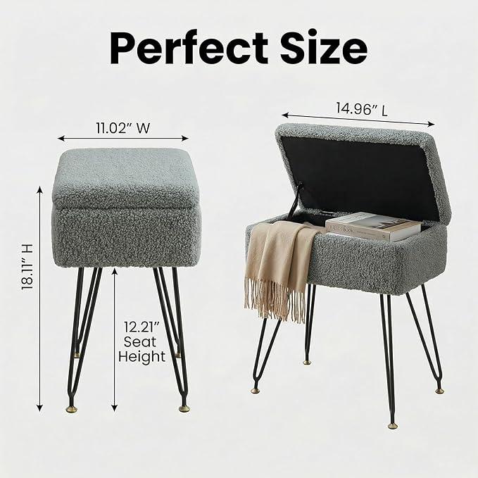 Vanity Stool Chair, Faux Teddy Fur Ottoman Foot Stool