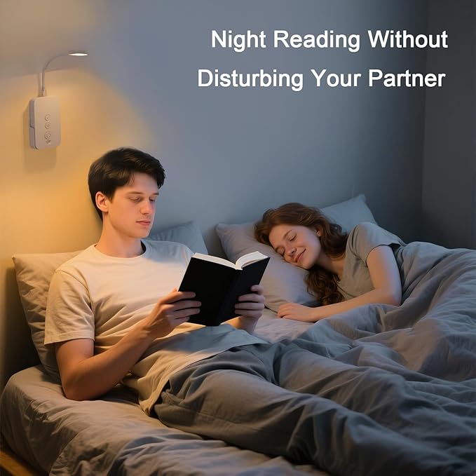 Ellasay Wall Mounted Reading Light: Dimmable LED Book Lights with Timer & Memory - Adjustable Gooseneck USB Powered - Easy Install for Kids Bedroom/Dorm Room/RV 1 Pack (White)