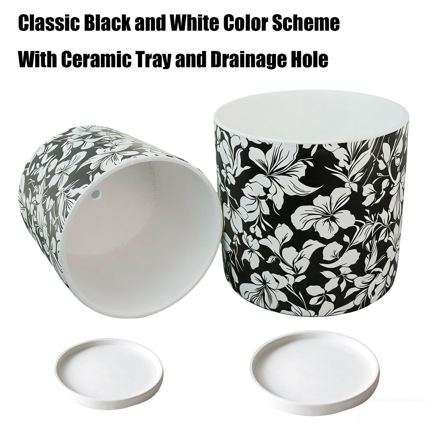 Ceramic Flowerpot Kit with Drainage Holes and Trays，5.9/4.9in Home Decor Planter for Indoor Potted Plants and Succulent Plants，2 Set of Black and White Plant Pot for Housewarming and Home Gifts