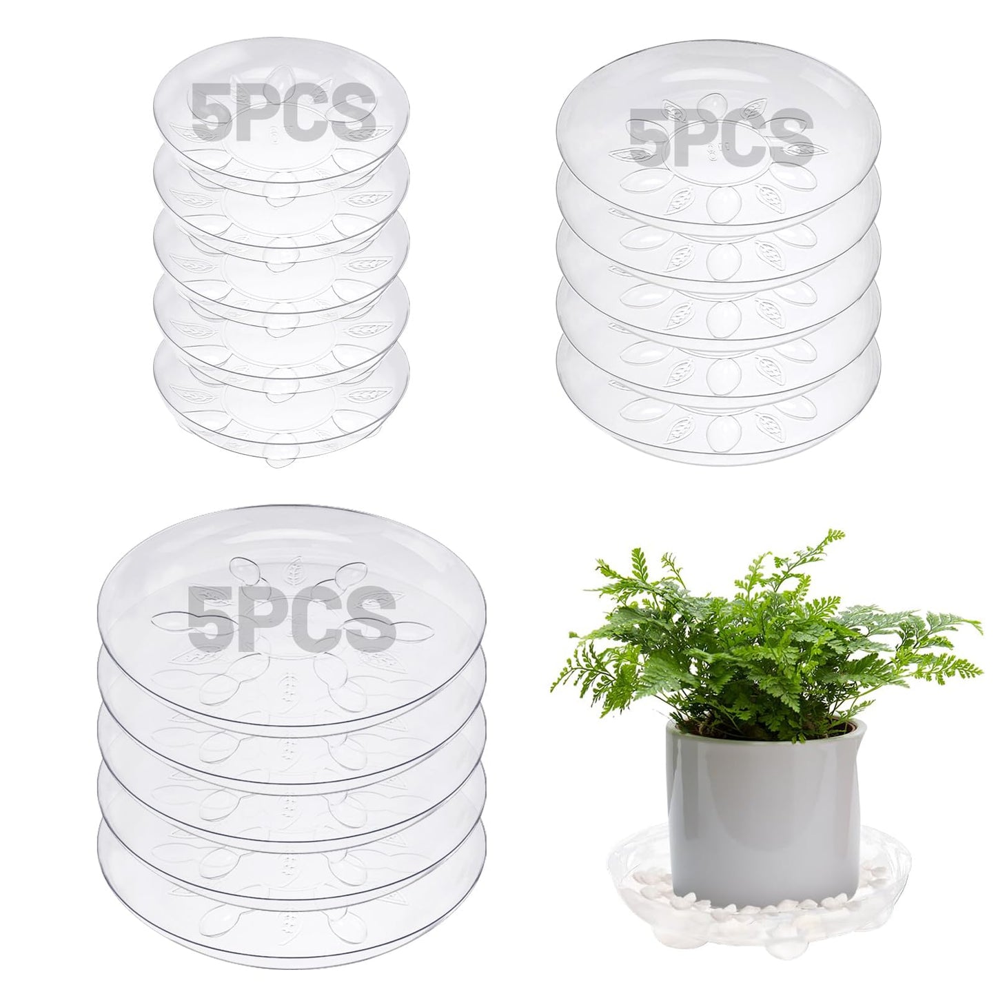 ANPHSIN 15 pcs Heavy-Duty Plant Saucers with Feet, 6in/8in/10in Clear Plastic Plant Drip Trays, Flower Pot Water Catchers Drainage Saucers for Indoor Outdoor Potted Plant