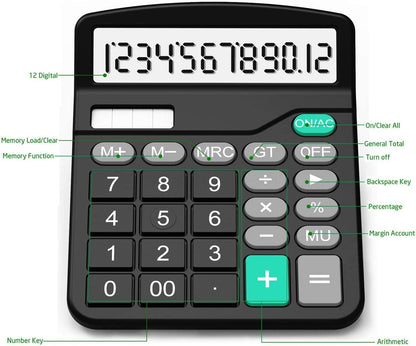 Calculator, Splaks 2 Pack Standard Functional Desktop Calculators Solar and AA Battery Dual Power Electronic Office Calculators with 12-Digit Large Display (1 Basic Black&1 Updated Silver)