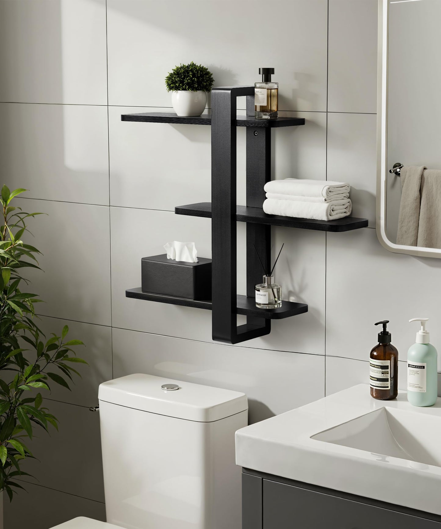 SUMGAR Black Floating Shelves for Wall Mounted Shelving Unit All Pine Wood 3 Tier Large Shelf for Bedroom Living Room Office Bathroom Home Decoration Storage Plant Photo Display Modern 20in