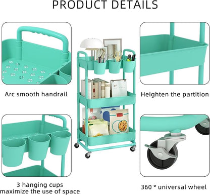 JIUYOTREE 3-Tier Plastic Rolling Storage Cart Utility Cart with Extra Hanging Cups Handles Lockable Wheels for Living Room Bathroom Kitchen Office Green