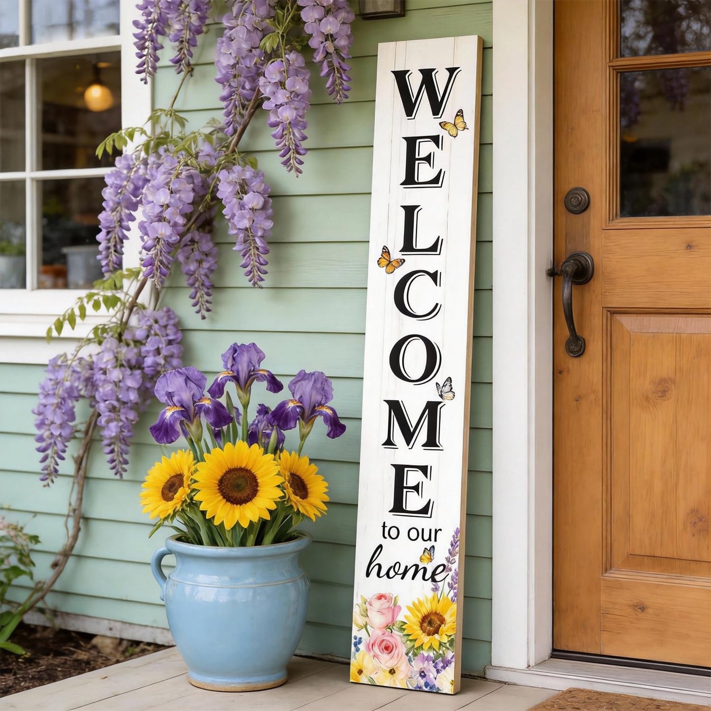 Welcome Sign for Front Door, Large 47 inch Wood Framed Welcome to Our Home Sign with Spring Flower Print & Hanging Rope, Vertical Farmhouse Wooden Board Standing for Outdoor Yard Patio