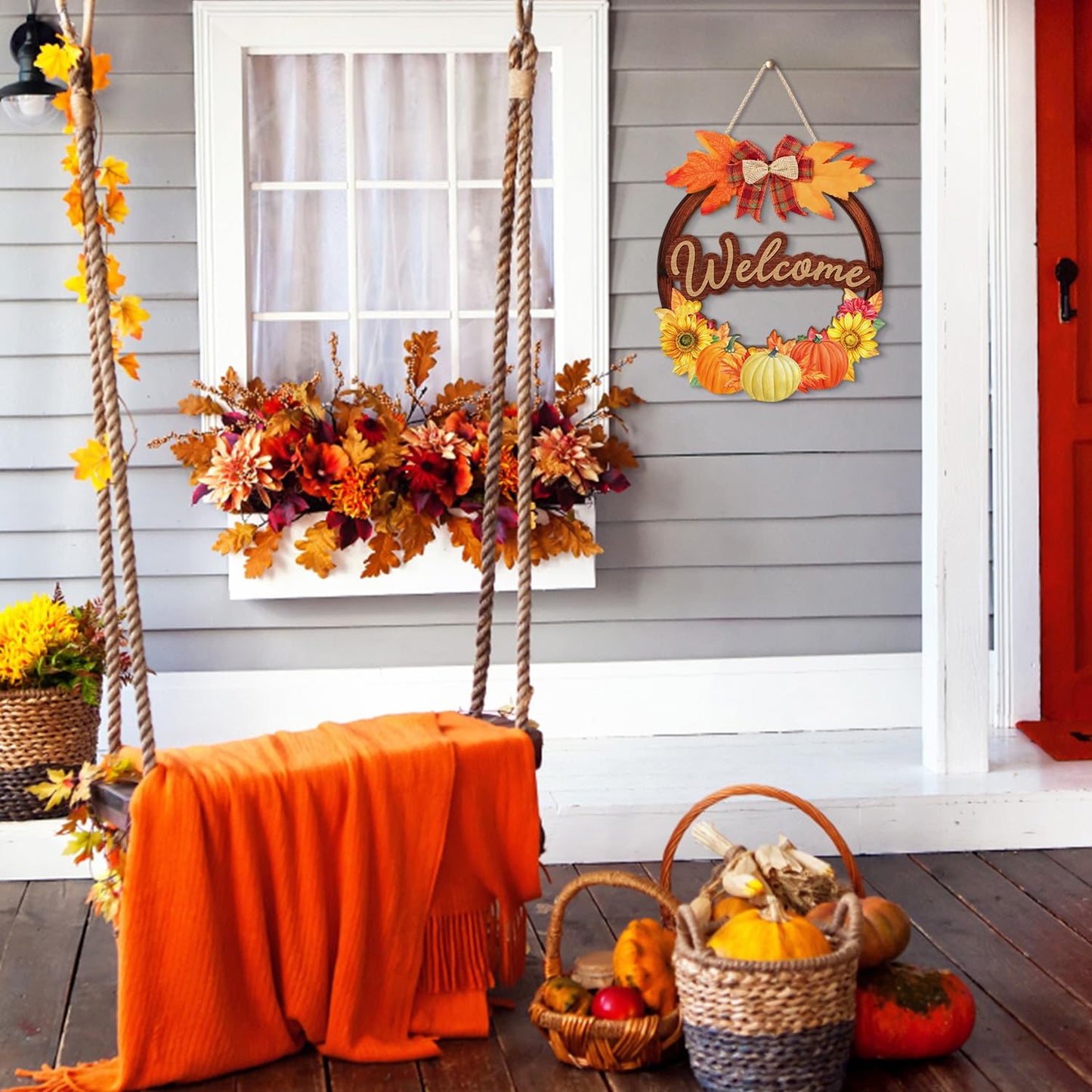 IARTTOP Fall Welcome Front Door Sign(29x28cm) Thanksgiving Pumpkin Wall Hanging Maple Leaves Door Hanger Autumn Harvest Wall Hanging Sign Fall Wreaths for Porch Farmhouse Garden Decoration