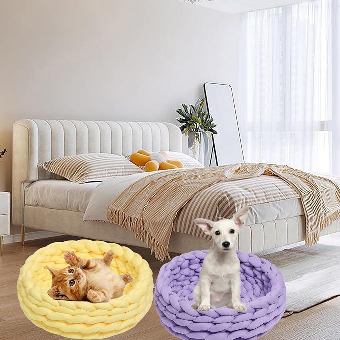 Woven Dog Bed Basket, Knitted Cotton Cat Bed Round Washable Woven Cat Pet Bed Chunky Dog Basket, Orthopedic, Chunky Knit Dog Nest,Dog Bed,Dog Cave,Dog Bedding(Red,19")