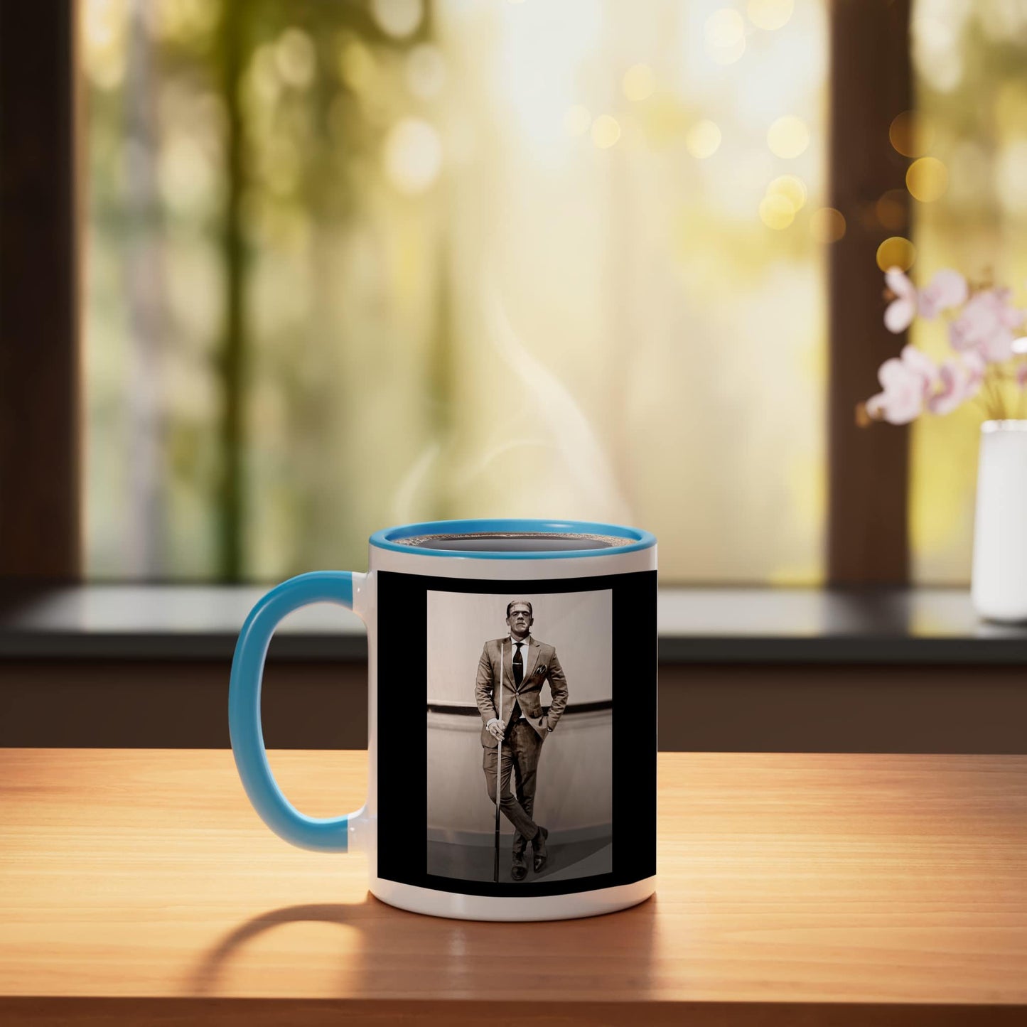 Frankenstein Dapper Frankenstein Monster In Suit Halloween Ceramic Mug, Blue/White